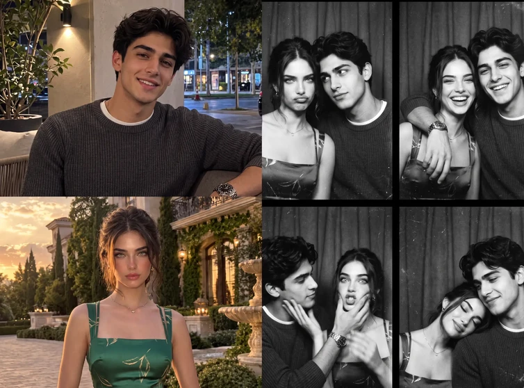 Two separate portraits used to create a black-and-white AI group photo in Meitu