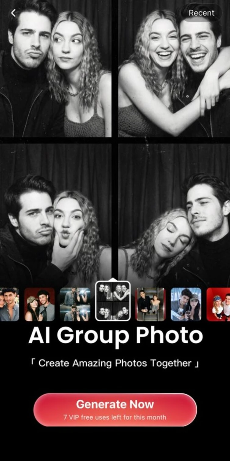 A four-panel photo-booth-style template selected in Meitu’s AI Group Photo feature.