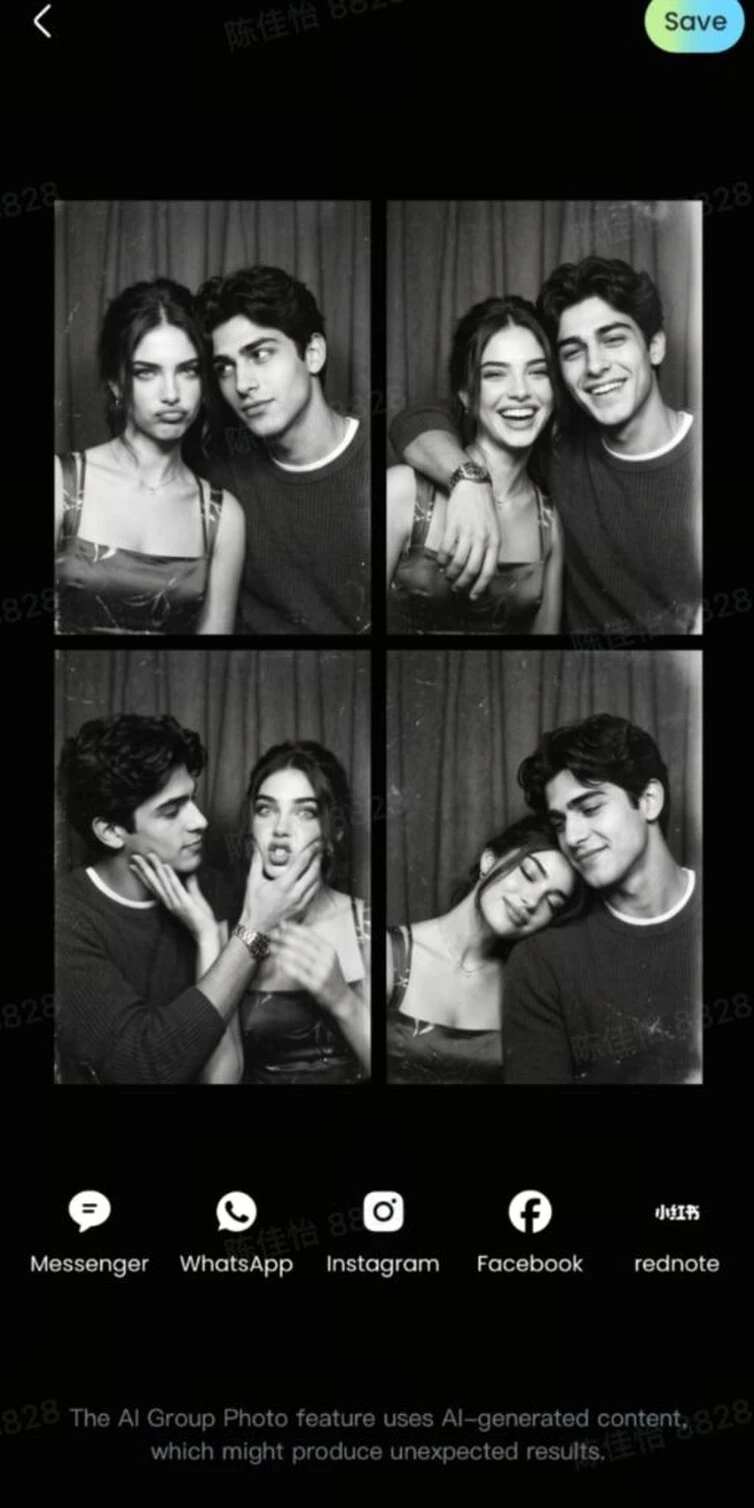 Generated black-and-white composition showing two people together in four photo-booth-style panels.