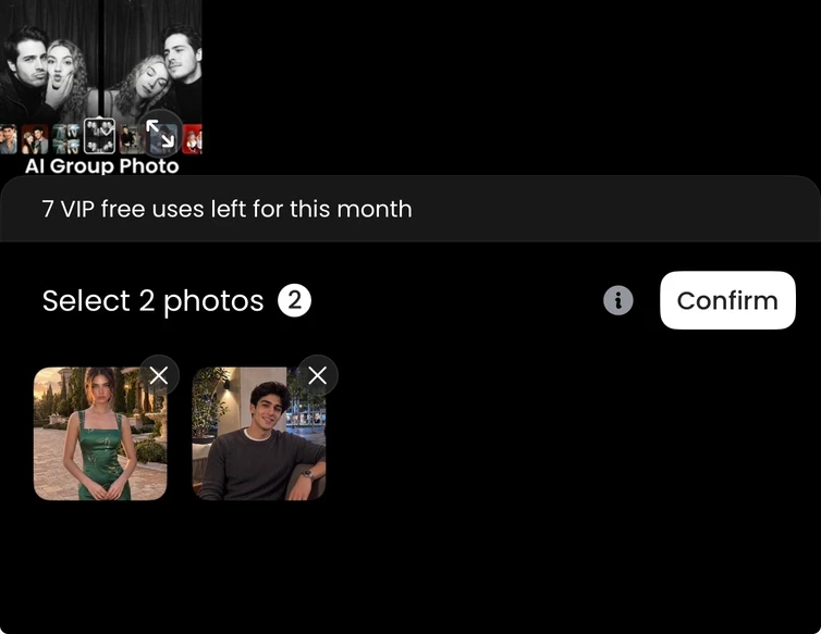 Two individual photos selected for an AI group photo, with the Confirm button ready.