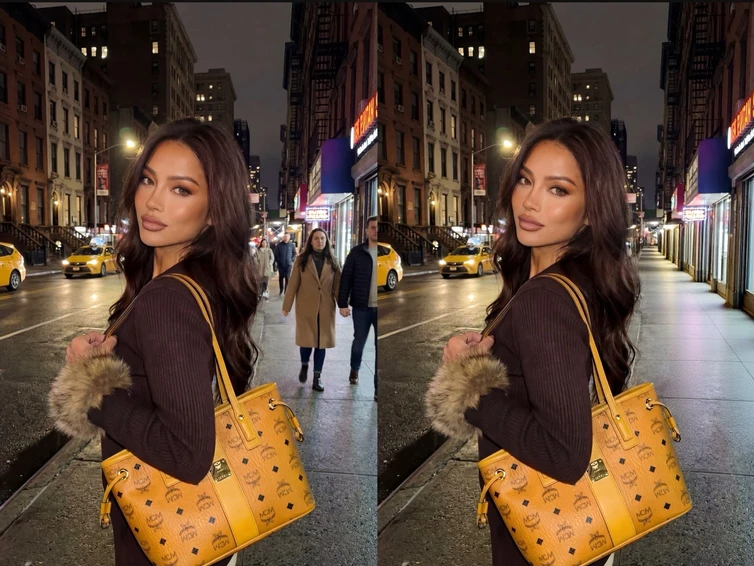 Same nighttime street portrait after removing
the background pedestrians with Meitu
