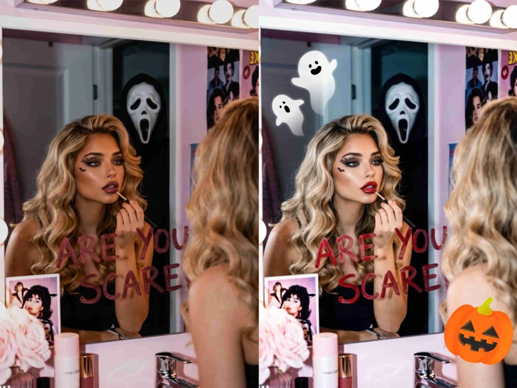 Halloween portrait before and after editing in Meitu, with a brighter subject and decorative accents around the edges.