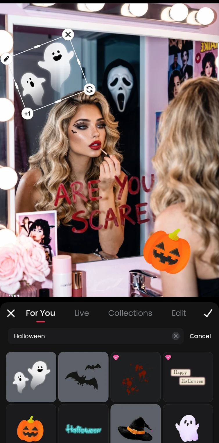 A Halloween portrait in Meitu with a decorative sticker positioned away from the face.