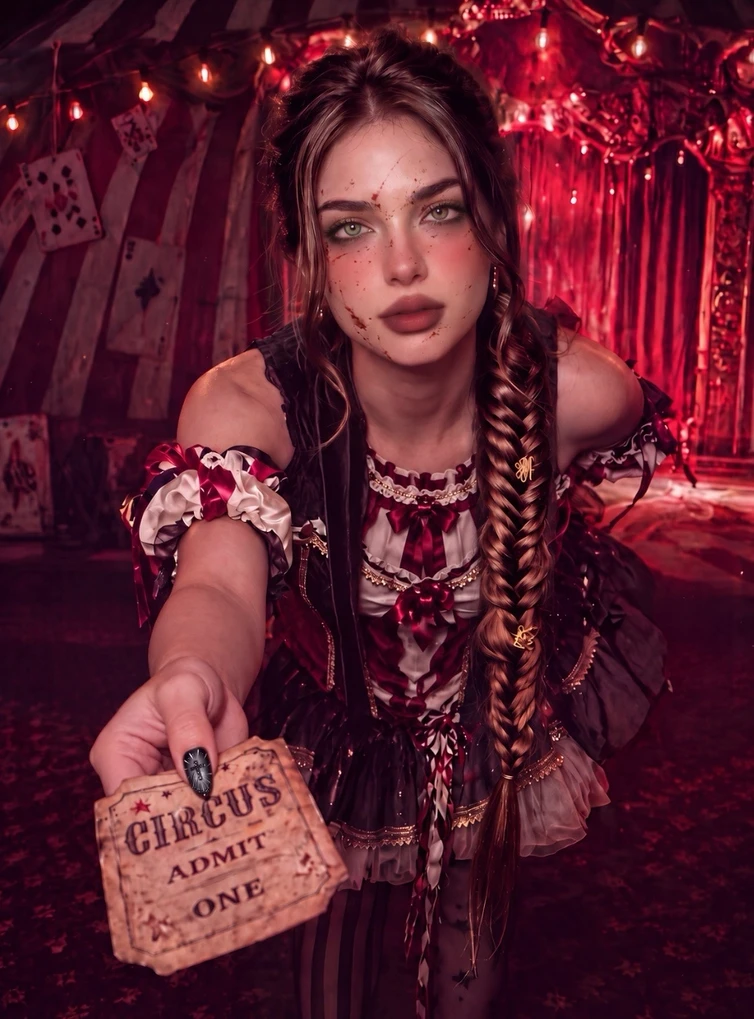 The finished Halloween look: gothic makeup, blood-splash effect, and dark nails working together in one scene.