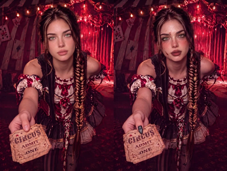A Halloween look built in Meitu: a gothic circus-style portrait with a blood-splash effect, dark glam makeup, and long dark nails.