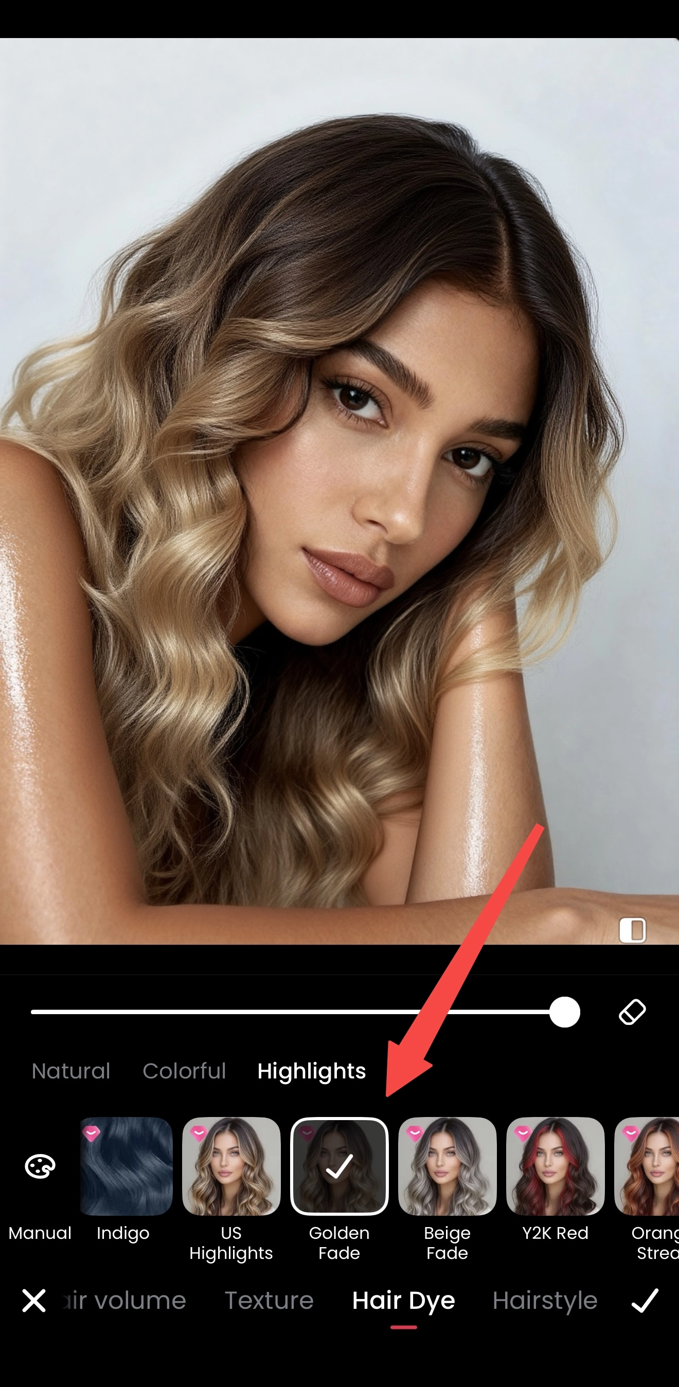 Hair color options in Meitu with a selected shade previewed on the same portrait