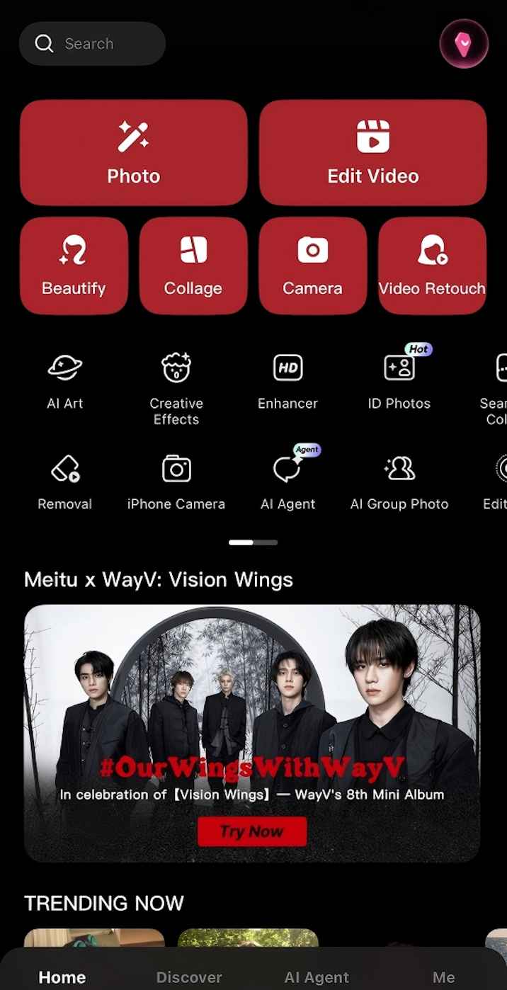 Meitu home screen, ID Photos page, and All Specifications list showing photo type options.