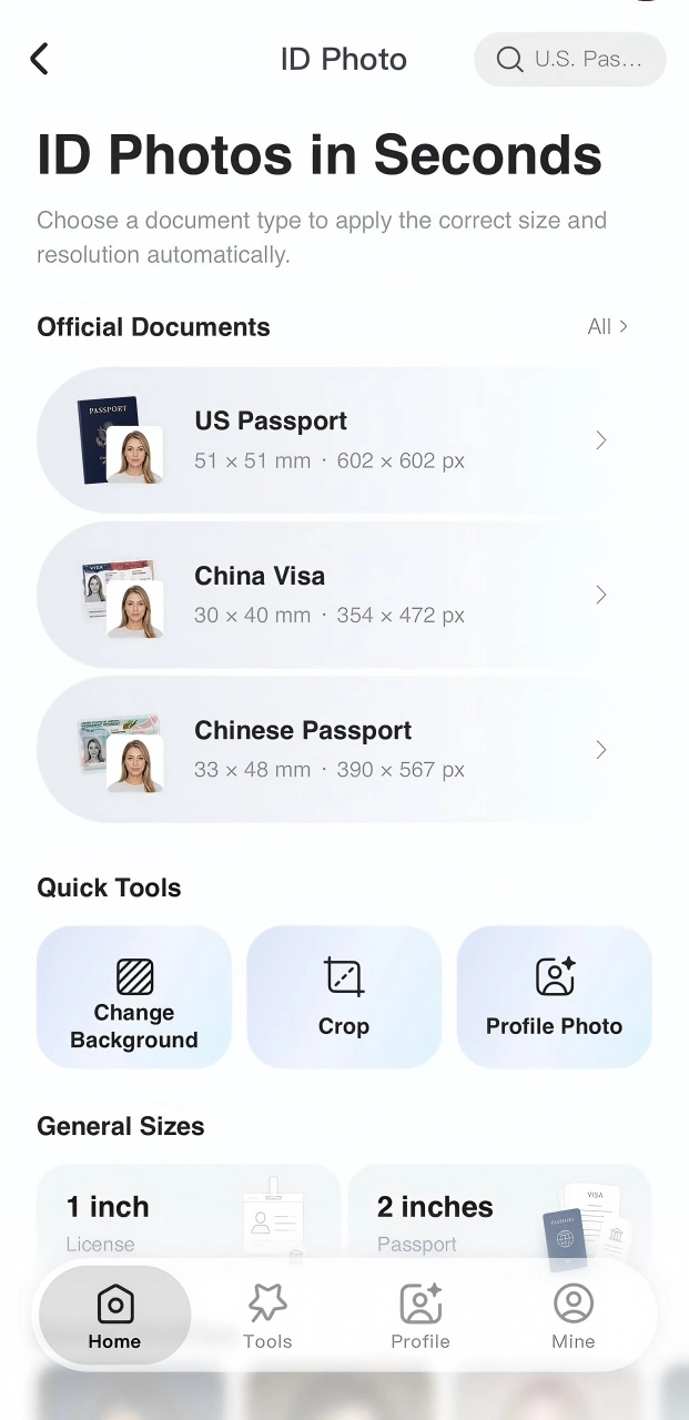 Meitu home screen, ID Photos page, and All Specifications list showing photo type options.