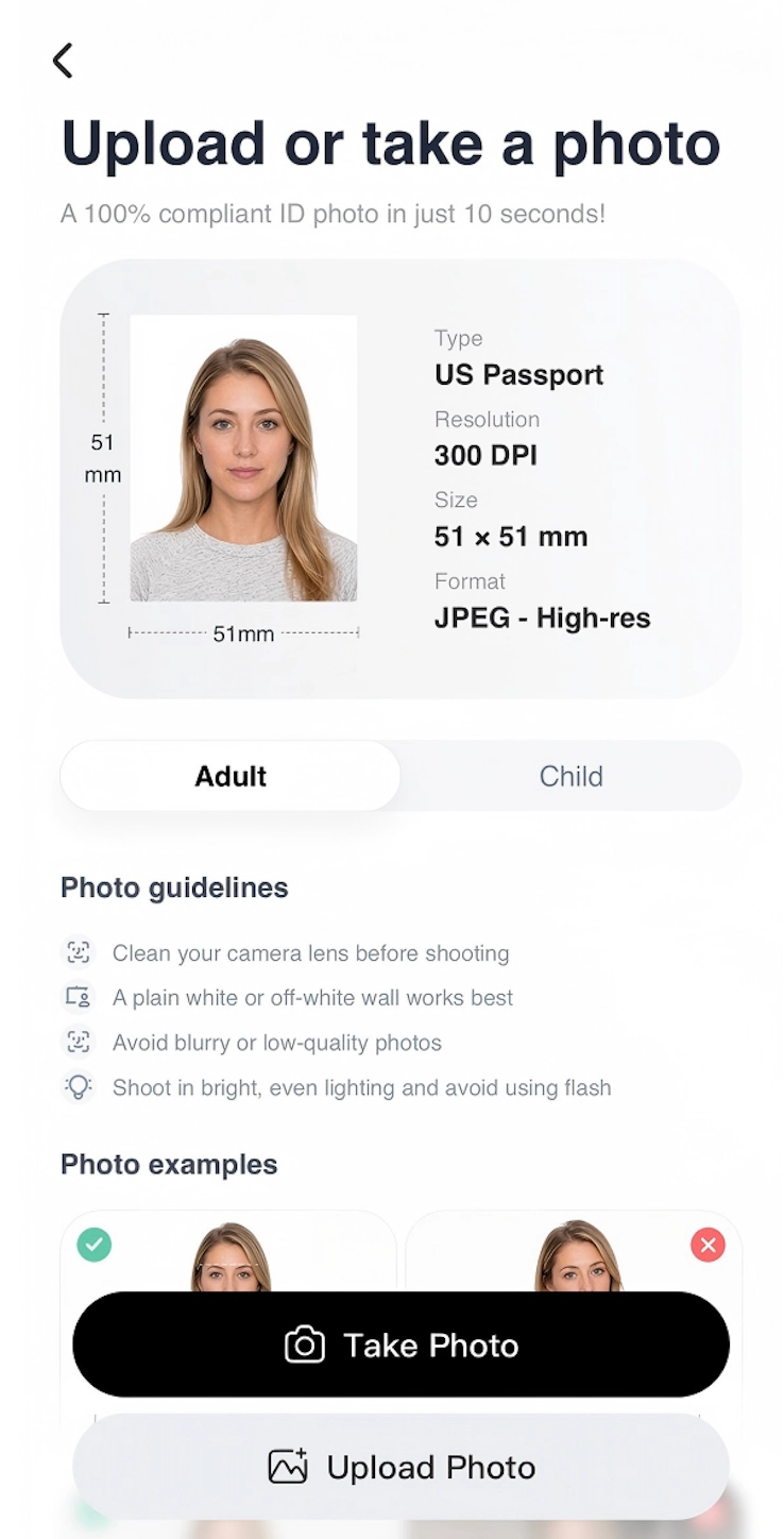 Upload or take a photo screen alongside the original portrait used in the tutorial.