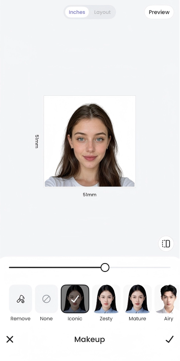 Optional Makeup, Face Shape, and Texture controls in Meitu’s ID photo editor.