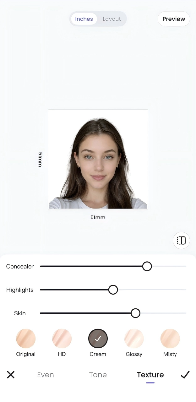 Optional Makeup, Face Shape, and Texture controls in Meitu’s ID photo editor.