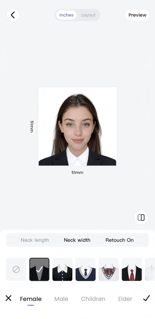 Meitu Outfit panel showing clothing choices beneath the portrait preview.