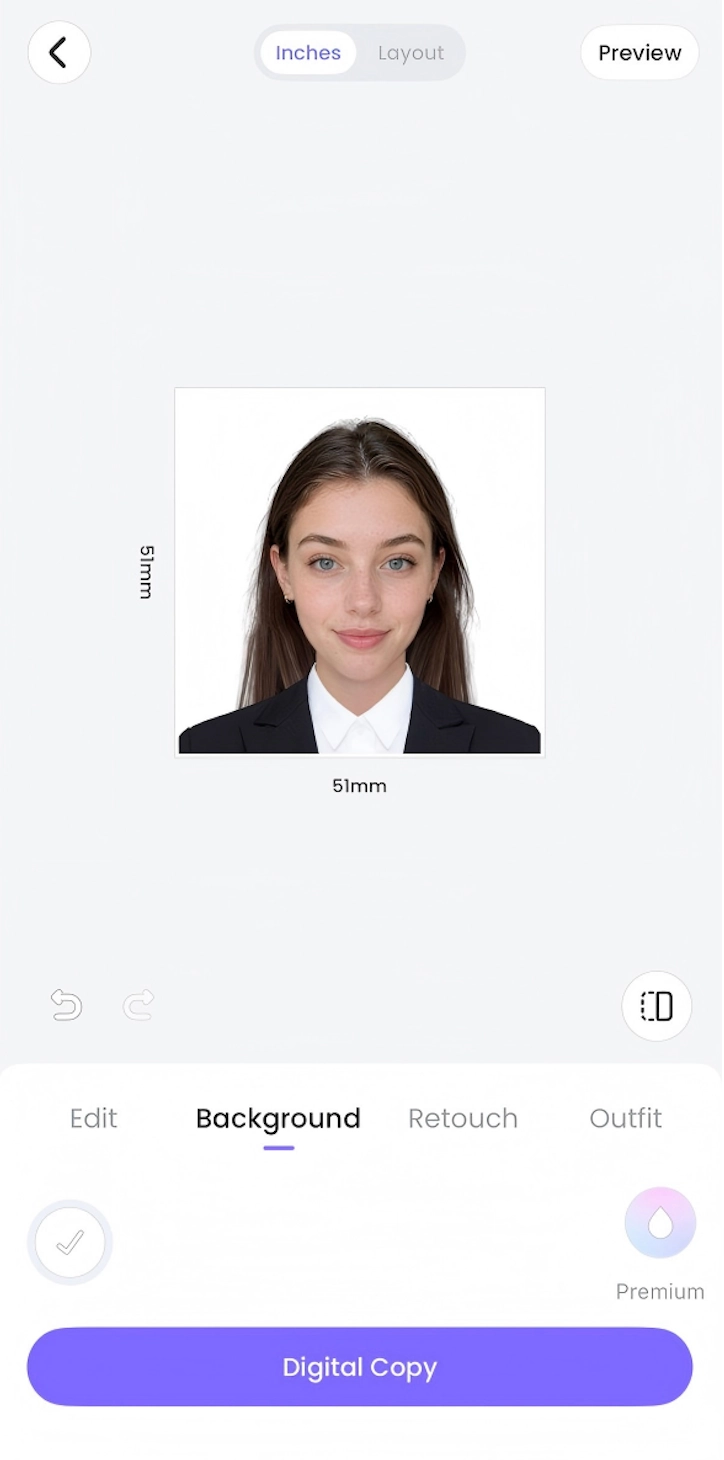 Meitu ID photo preview with Layout and Preview controls above and Digital Copy below.