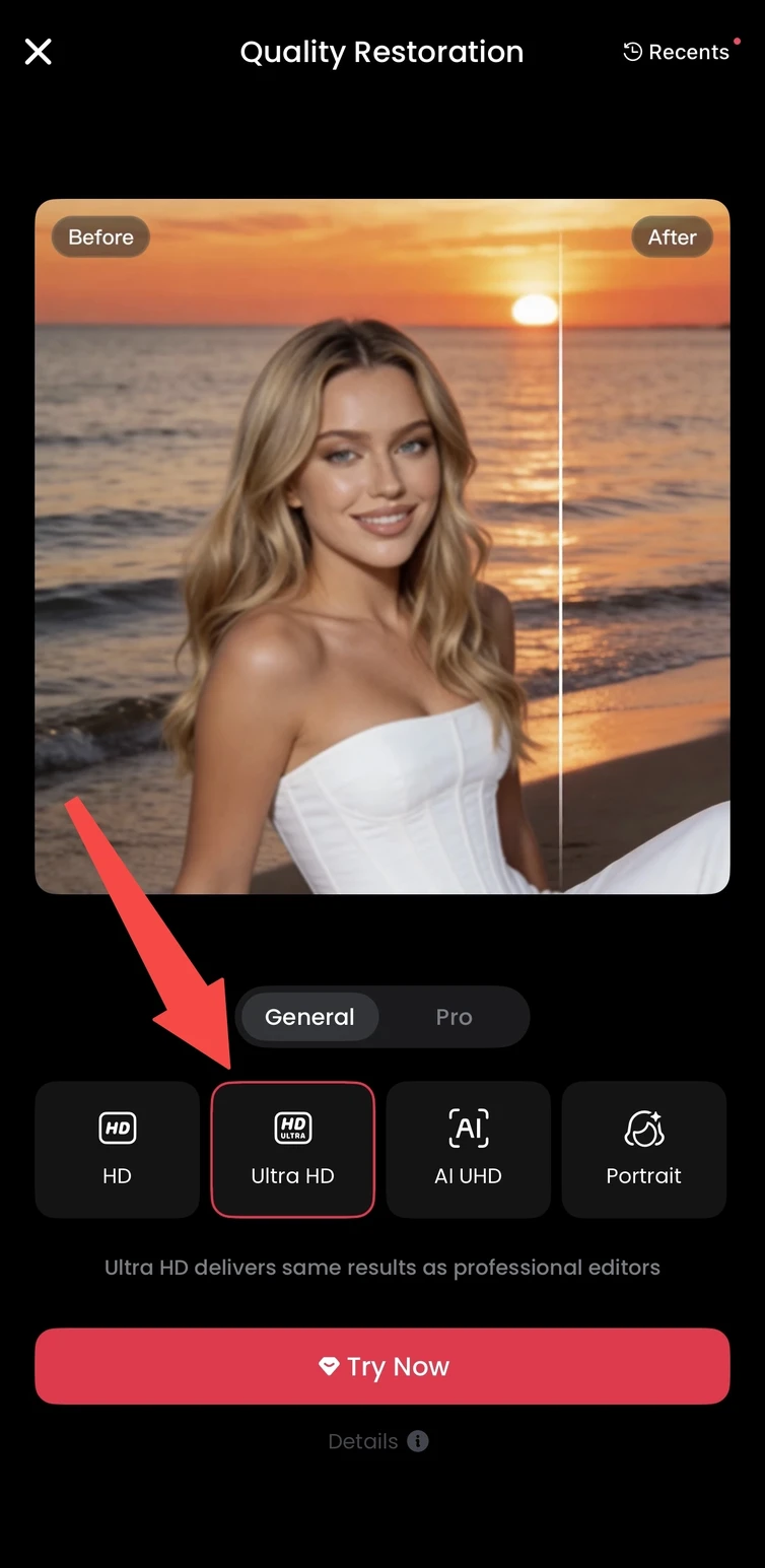 Meitu restoration screen showing the selected enhancement mode and Try Now button.
