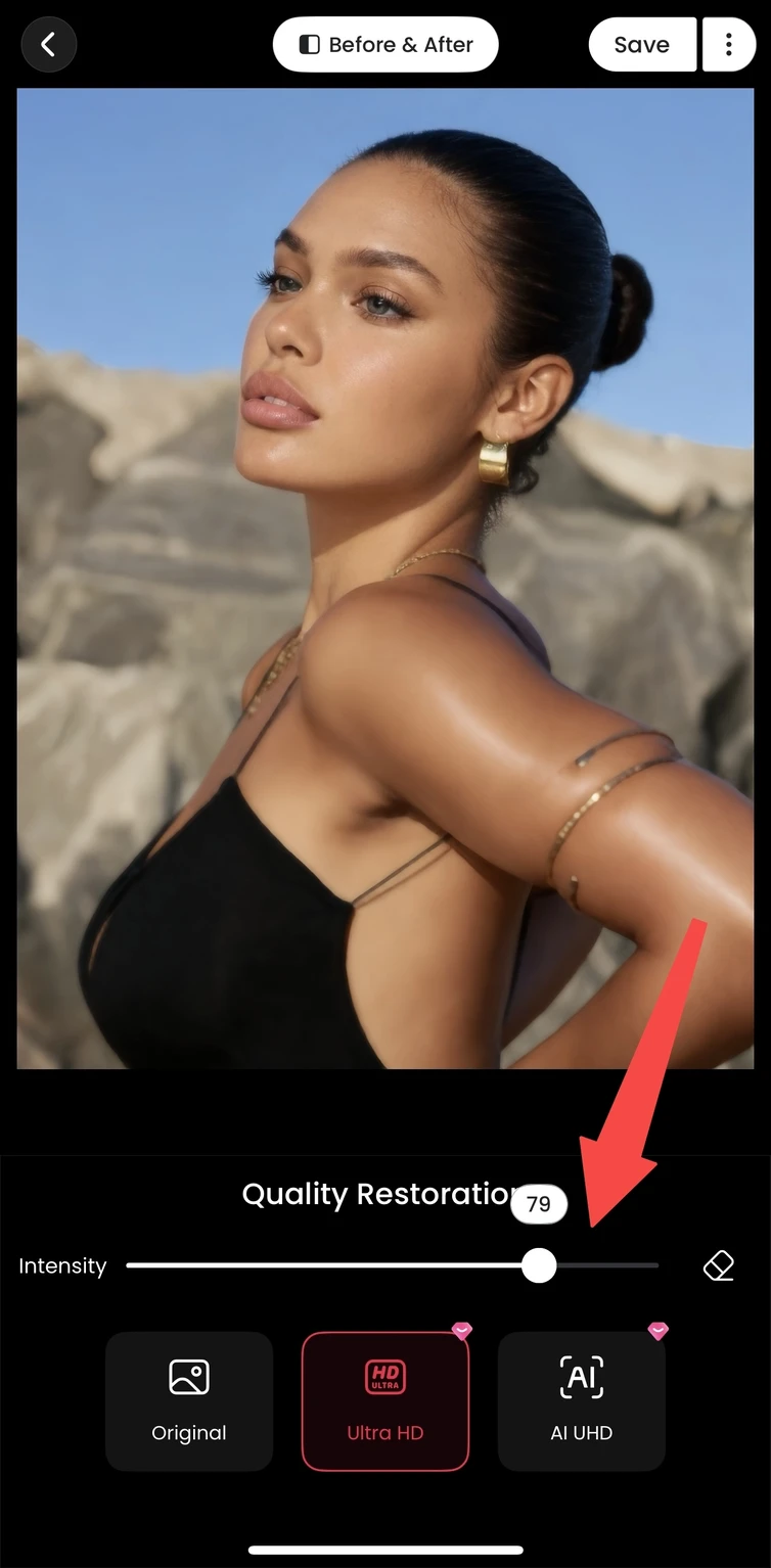 Meitu enhancement result showing Before & After and the Intensity control, where available.