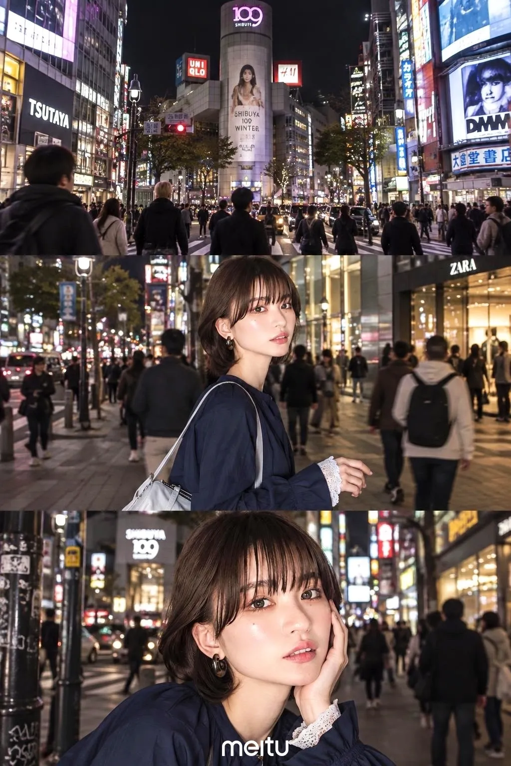 alt:完成画面。渋谷109前のネオン輝く夜景を背景にしたエモい3コマ写真。
