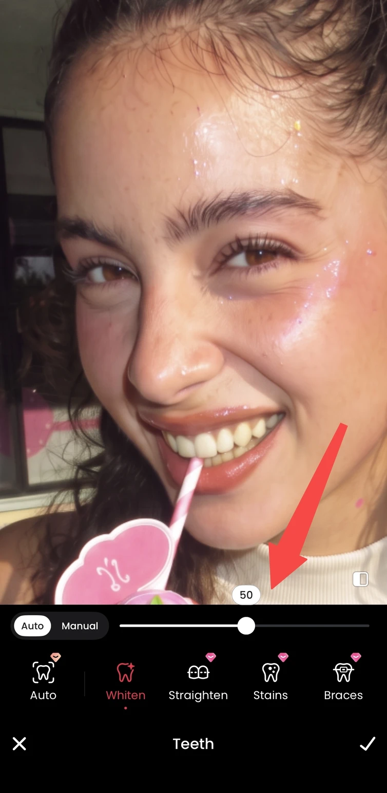 Teeth whitening controls in Meitu with a brighter smile previewed on the selected portrait.